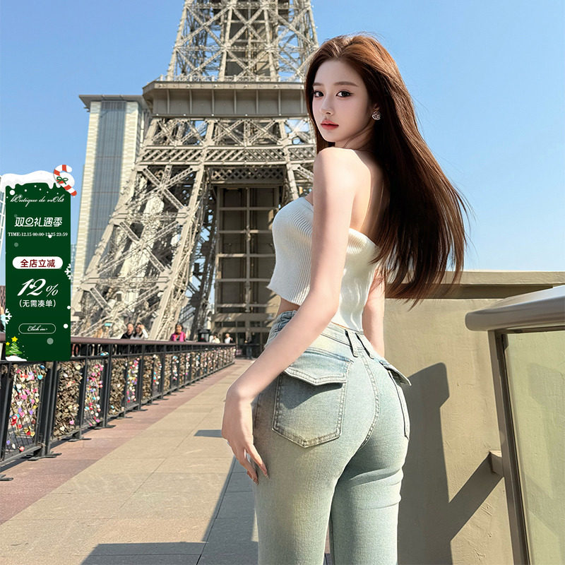 viola 【韩女酒杯裤】穿过Zui牛丰胯超v腰两色微喇牛仔裤