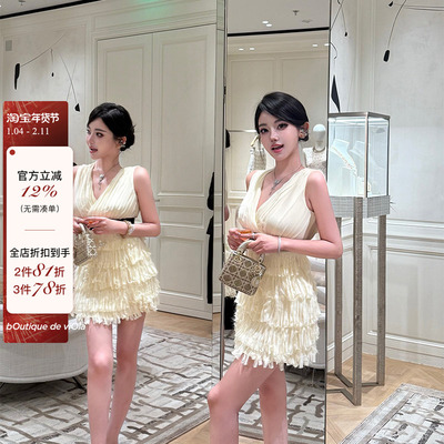 【现货】viola【寻梦月光】无袖V领收腰千金私服手工流苏连衣裙