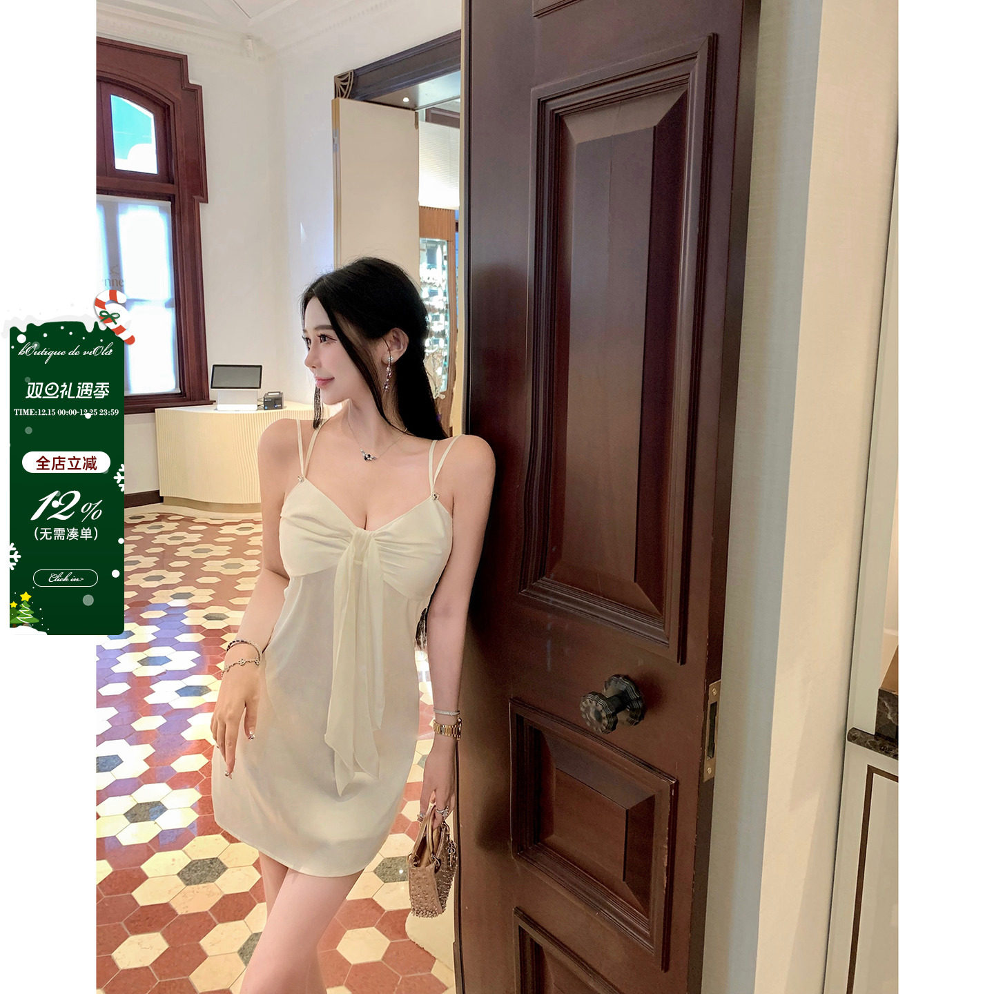 纯欲短款纯色蝴蝶结连衣裙