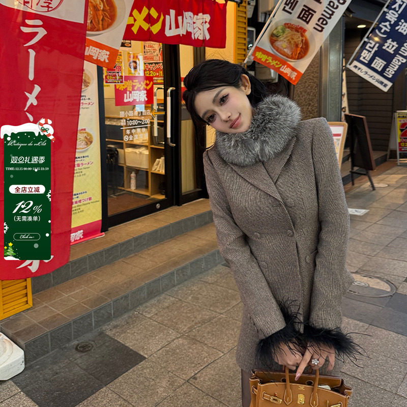 viola【气质韩女】lapl*a 羊毛50千鸟格棉服西装半身裙套装中古风