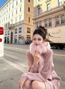 viola【妲己狐】lp老钱定染纱线狐狸毛领华夫格针织外套慵懒风