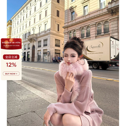 viola【妲己狐】lp老钱定染纱线狐狸毛领华夫格针织外套慵懒风