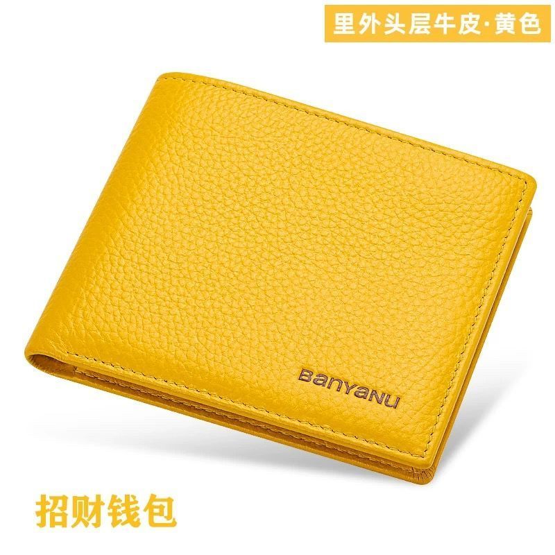 班亚奴女士真皮钱包黄色短款招财钱夹2026新款超薄牛皮手工女皮夹