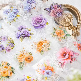 遇见花海PET切膜手帐胶带花朵玫瑰盐系咕卡手账造景拼贴装 饰贴纸