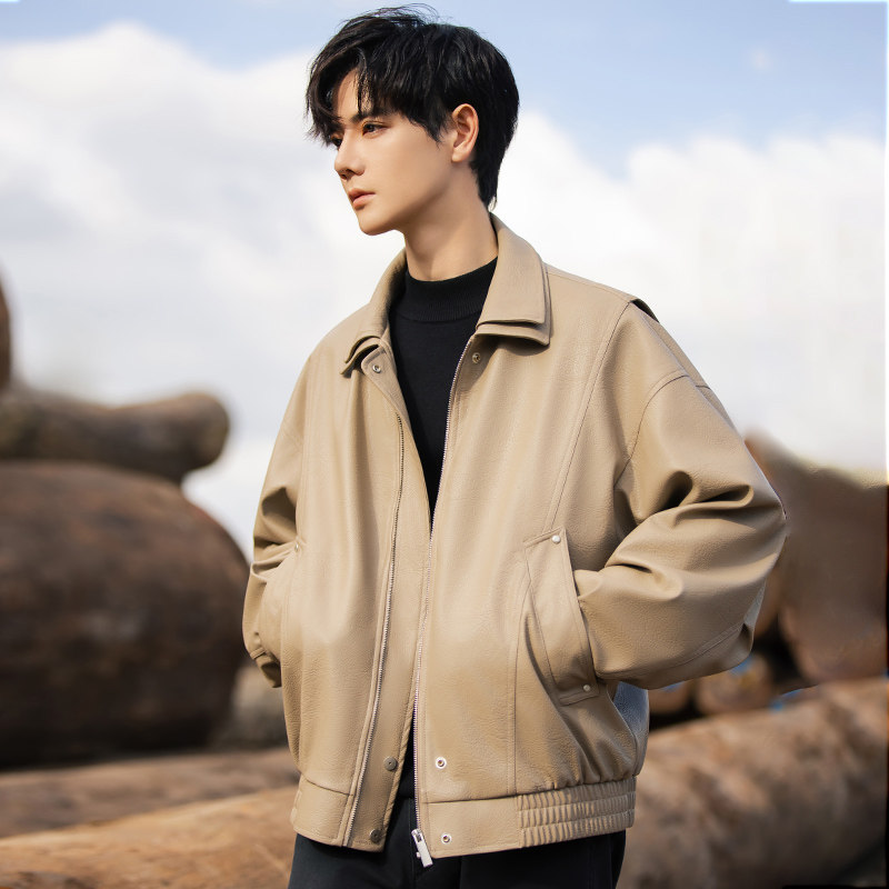 PU皮双层领皮夹克男士机车皮衣2025新款秋季休闲宽松高级感痞帅薄