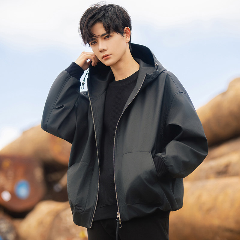 男士PU皮夹克复古机车连帽外套2025年新款高级感休闲美式时尚上衣