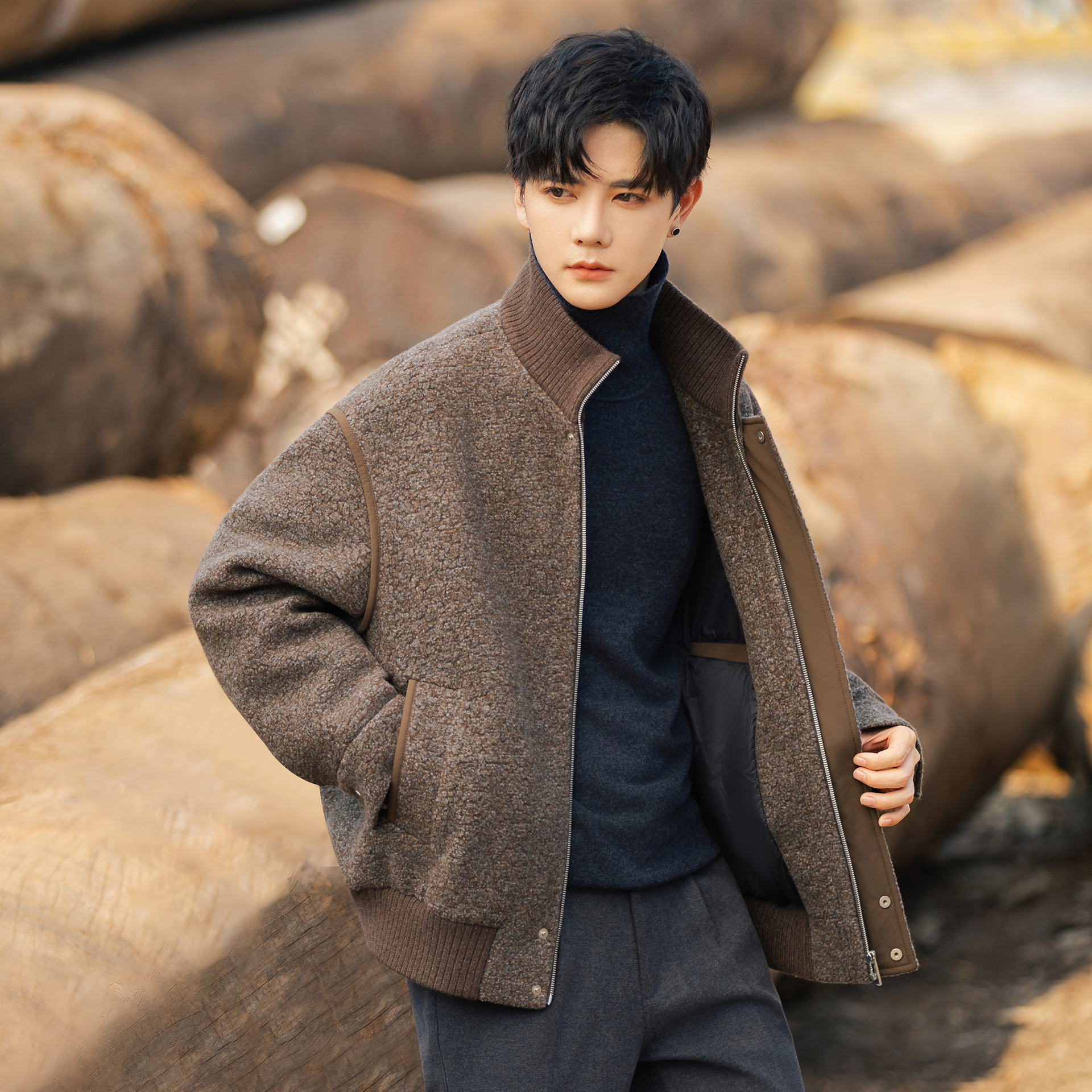 短款毛呢男立领休闲呢子夹克上衣