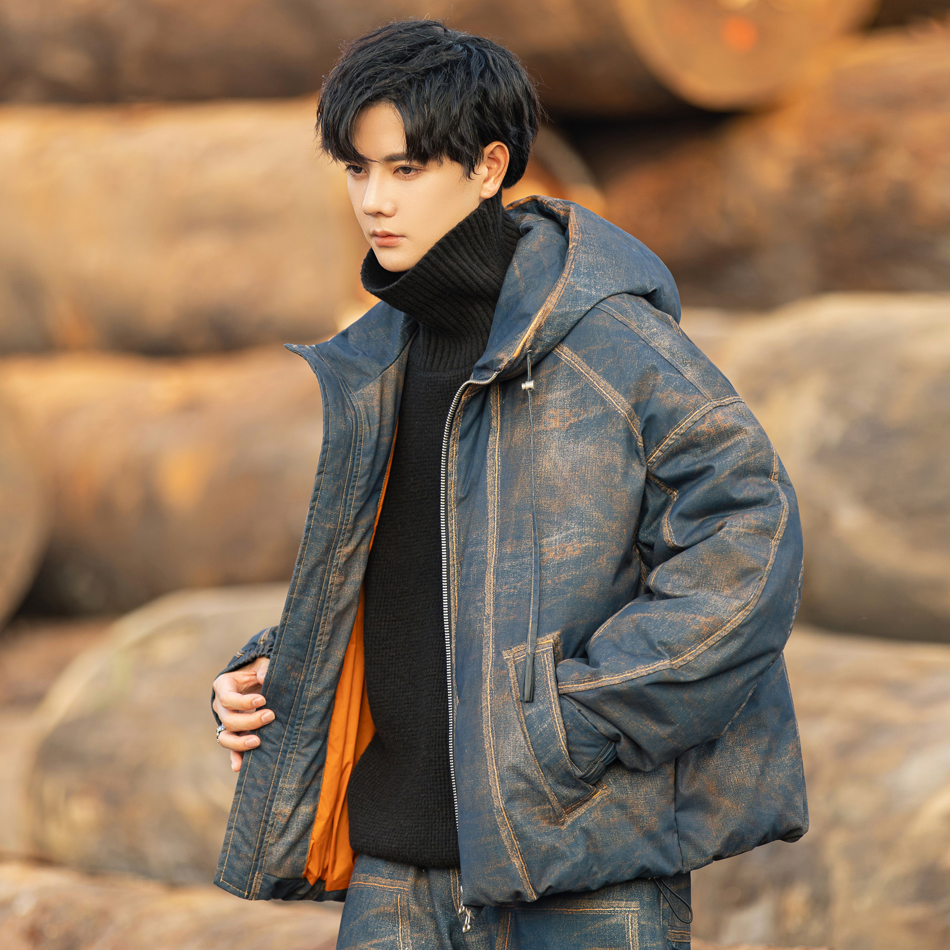 拼色羽绒服男士2025设计感复古纯棉外套90白鸭绒加厚休闲连帽上衣