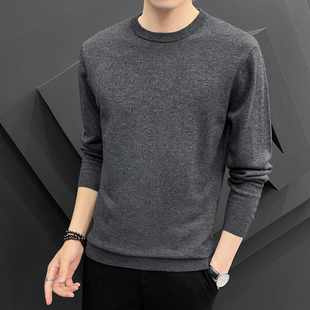 圆领羊毛衫100%纯羊毛男士针织衫低领毛衣修身纯色百搭打底衫冬季