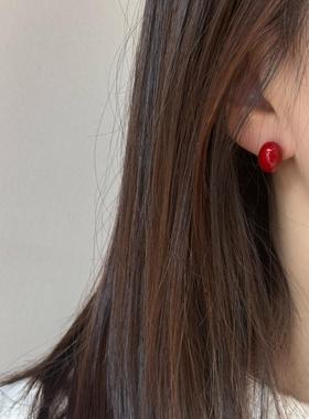 安可拉红色显白豆豆耳钉复古珐琅车厘子红椭圆相思红豆气质耳环