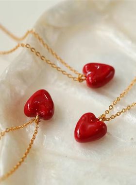 高级感复古红色爱心珐琅滴釉项链ins可爱小红心锁骨链新年礼物潮