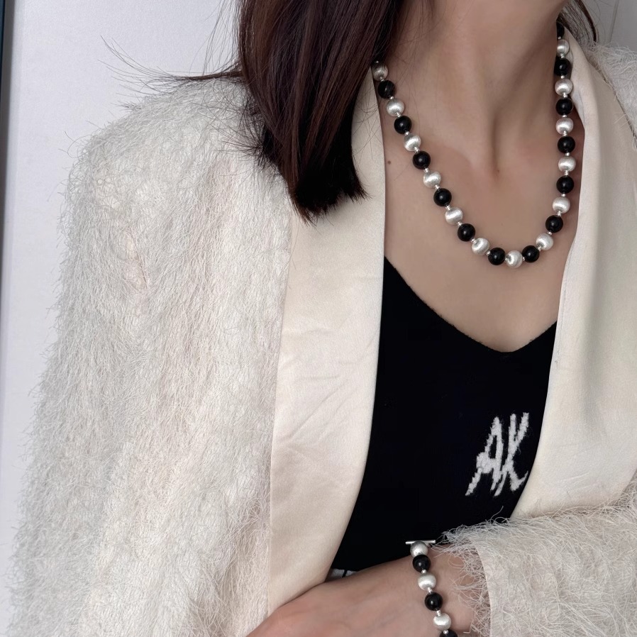 小众拼接设计拉丝球天然黑檀木项链轻奢百搭磨砂球串珠中式锁骨链