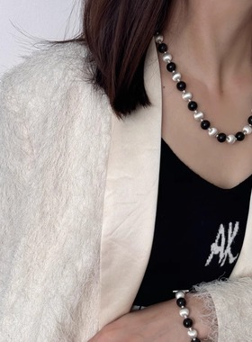 小众拼接设计拉丝球天然黑檀木项链轻奢百搭磨砂球串珠中式锁骨链