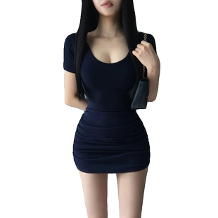 小个子U领低胸弹力紧身包臀短裙纯欲御姐轻熟辣妹修身连衣裙女夏