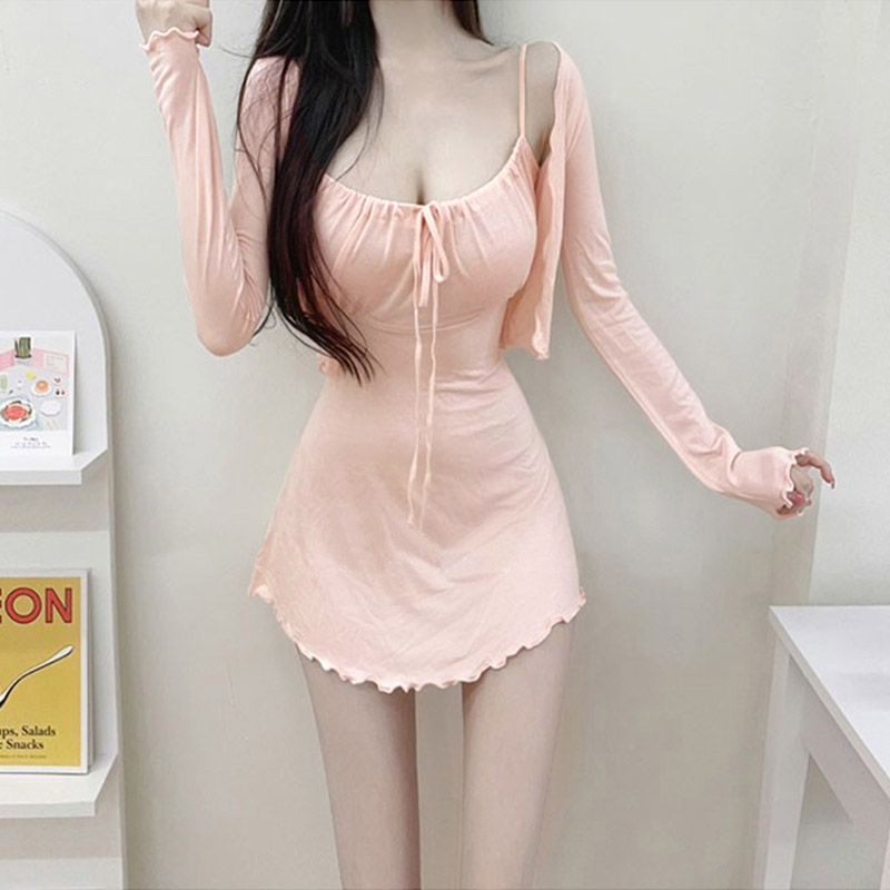 纯欲性感裙子时尚套装木耳边低胸修身吊带连衣裙辣妹两件套女秋季