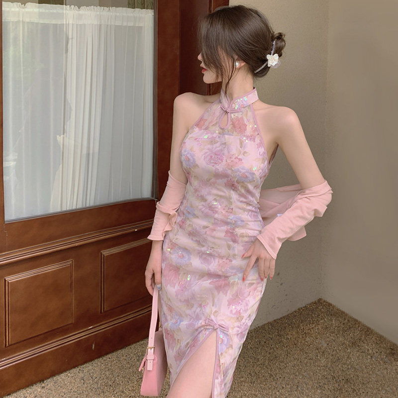 复古气质中长款性感开叉裙子修身碎花裙旗袍式连衣裙女夏2022新款