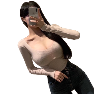 秋季显胸大性感纯欲微透薄款紧身长袖T恤内搭上衣辣妹短打底衫女