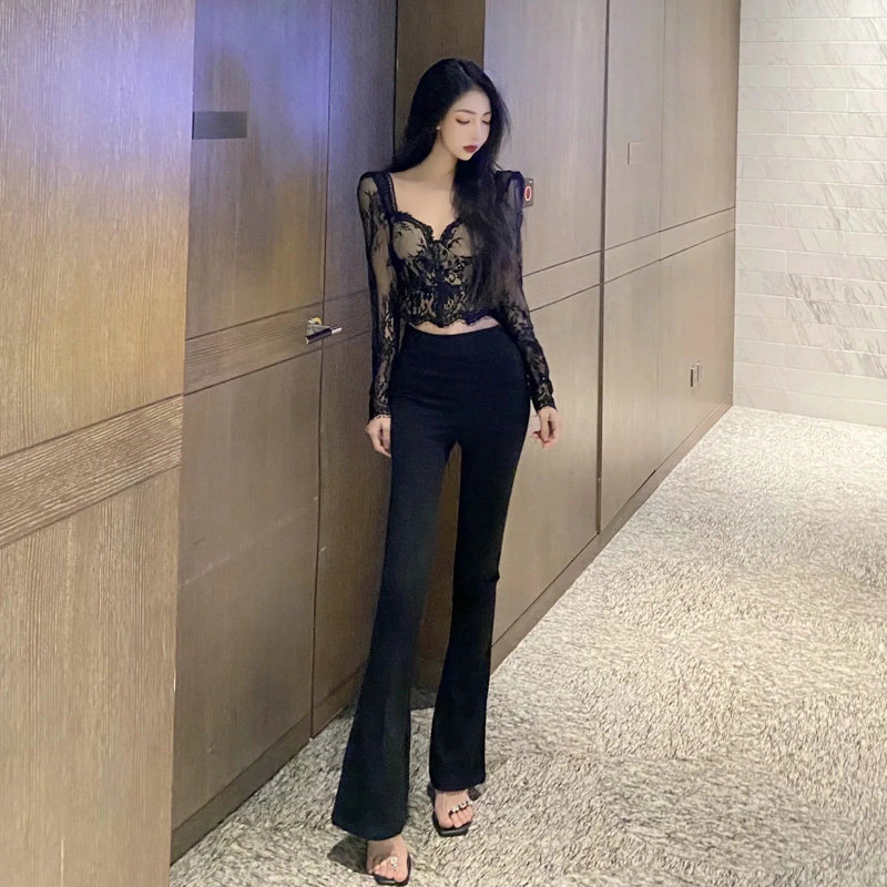 辣妹性感长袖黑色修身短款蕾丝衫上衣打底衫阔腿裤2021新款女秋装