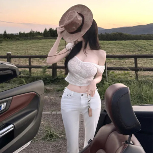 纯欲辣妹性感上衣短款低领泡泡袖露肩绝美蕾丝白色短袖T恤女夏季