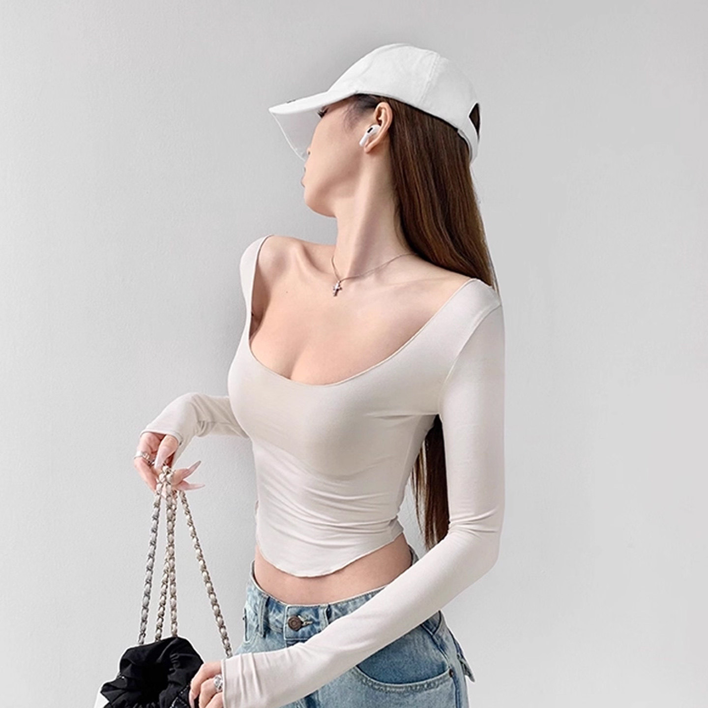 纯欲热辣性感显胸大U领长袖T恤掐腰紧身短款上衣内搭打底衫女秋冬,女装/女士精品,T恤,淘宝优惠券,粉丝福利购,淘宝优惠卷