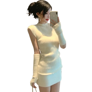 显身材辣妹针织毛衣裙子短裙水貂毛秋冬气质紧身包臀性感连衣裙女