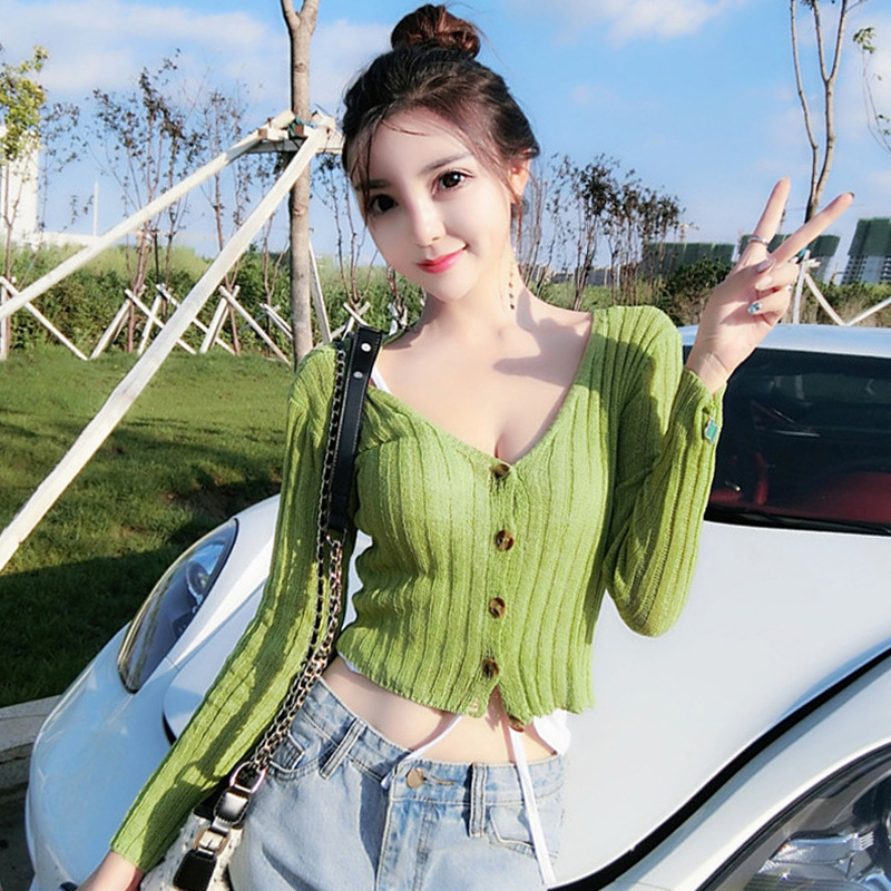 秋季开衫v领低胸性感露脐上衣女