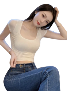 紧身掐腰低领白色夏季短袖t恤女