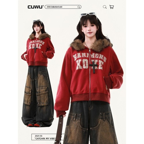 cuwu街头毛领字母印花连帽卫衣女男秋季慵懒显瘦拉链开衫短款外套