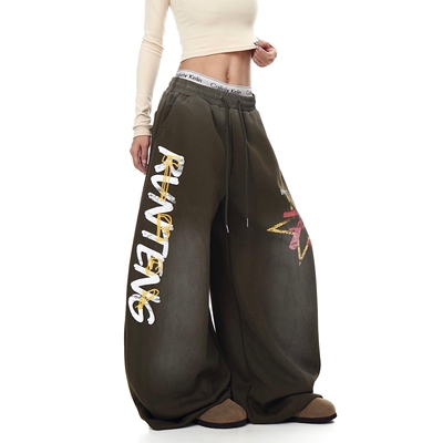 BLACKLISTS美式星星字母印花渐变水洗弯刀卫裤男女潮牌宽松阔腿裤