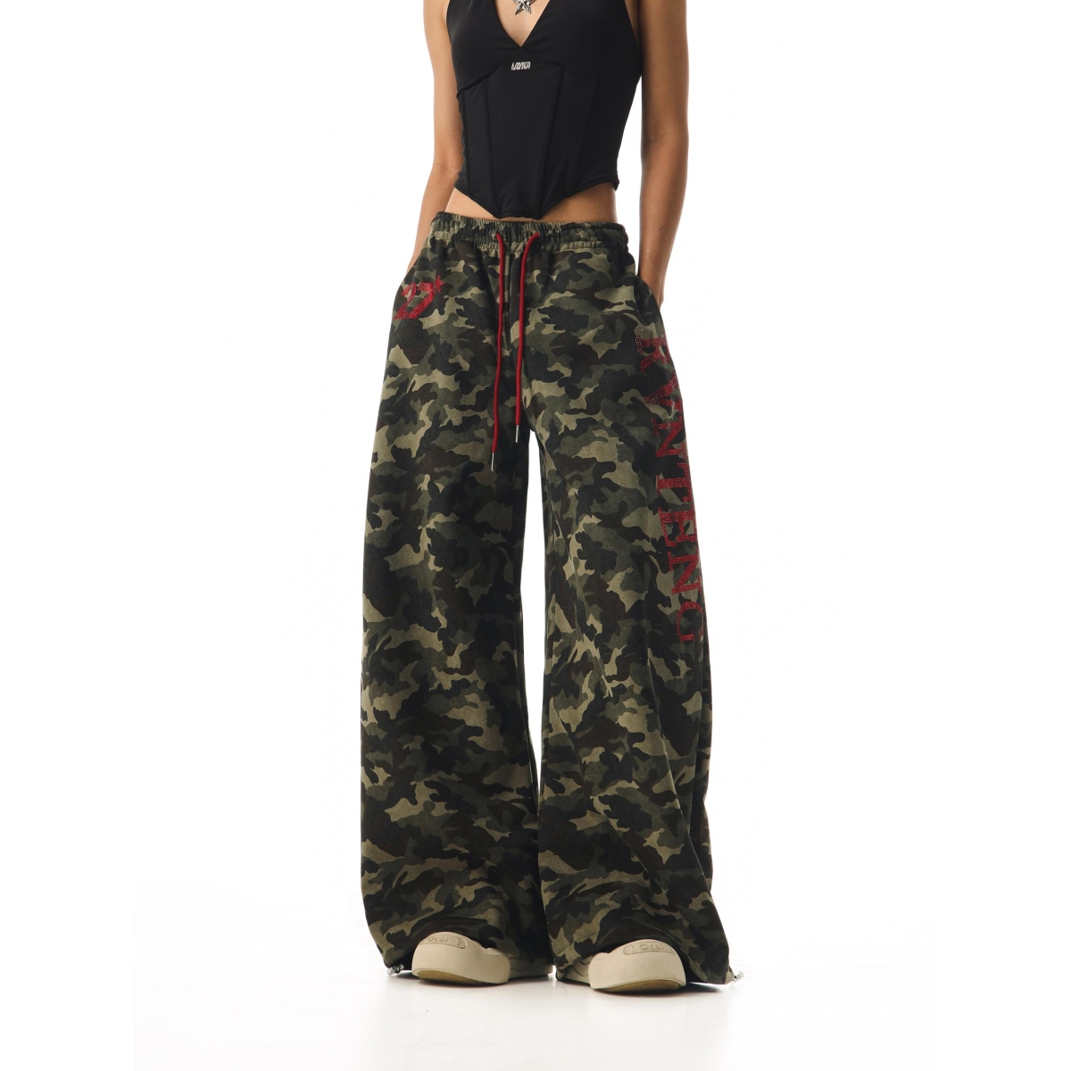 CTB啤酒队长 美式复古字母烫钻迷彩卫裤女宽松甜酷垂感街舞阔腿裤