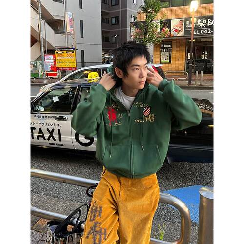 EAHO美式做旧字母印花刺绣连帽卫衣男女春秋宽松休闲百搭外套