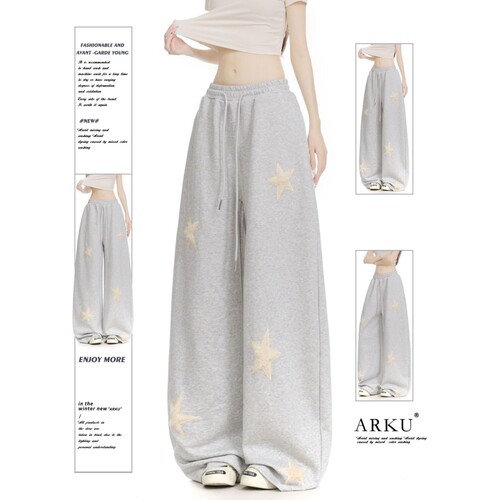ARKU美式复古星星刺绣运动卫裤女宽松慵懒风显瘦阔腿休闲拖地长裤