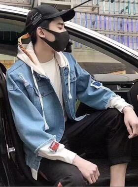 牛仔外套男2027连帽卫衣春秋季潮流假两件拼接学生休闲夹克上衣潮