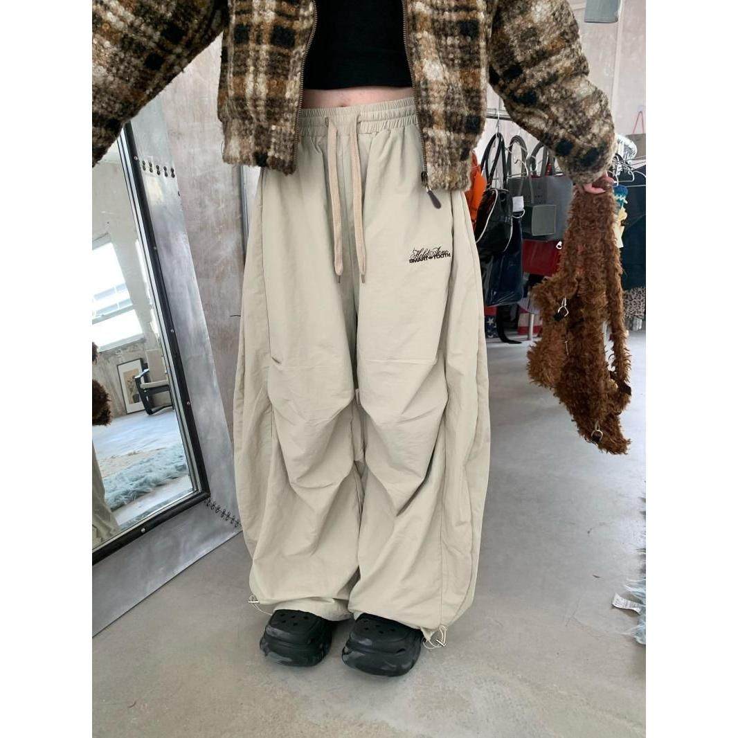 198布丁 美式复古褶皱垂感伞兵工装裤男女阔腿爵士舞香蕉弯刀裤潮