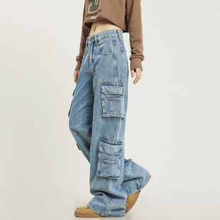 EATHEY Lisa同款美式复古洗水多口袋牛仔裤女工装裤直筒休闲裤