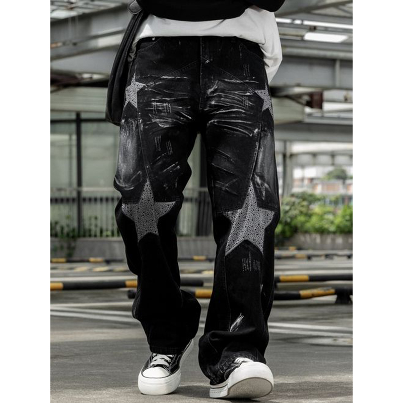 美式高街烫钻刷脏牛仔裤男谢霆锋