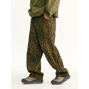 超重磅380g纯棉宽松豹纹迷彩工装牛仔裤男士休闲长裤直筒阔腿裤子
