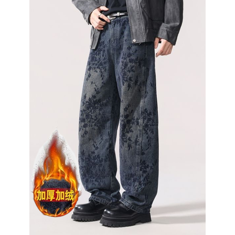 冬季加绒加厚牛仔裤男弯刀香蕉裤