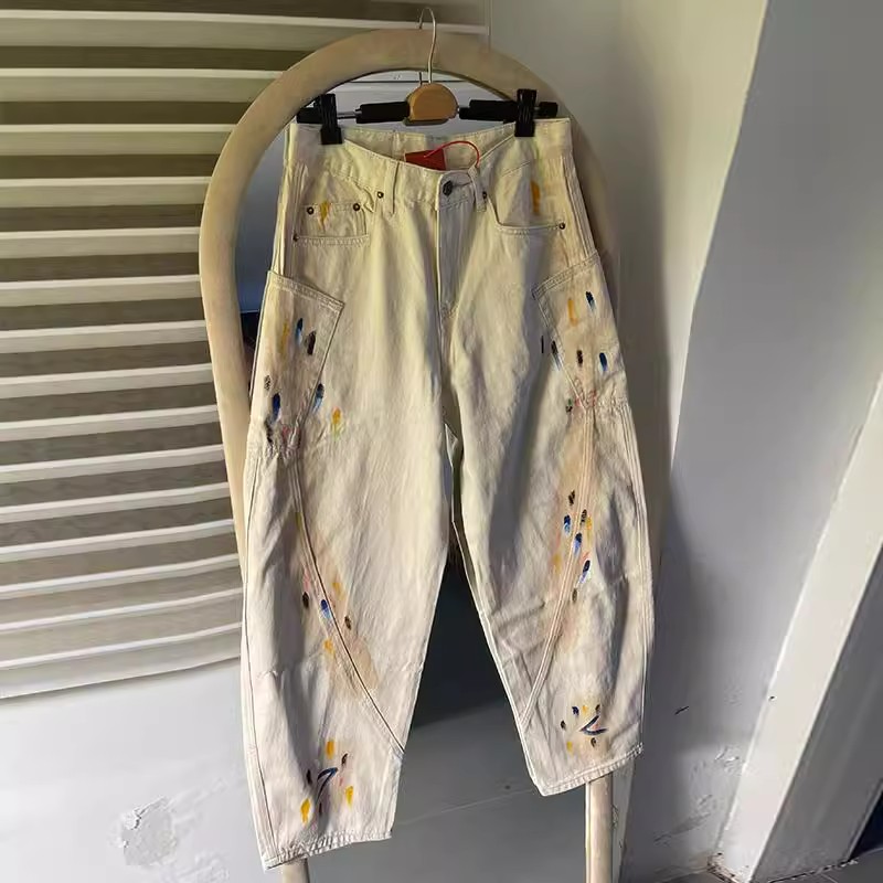 巴黎风格涂鸦牛仔裤弯刀阔腿宽松