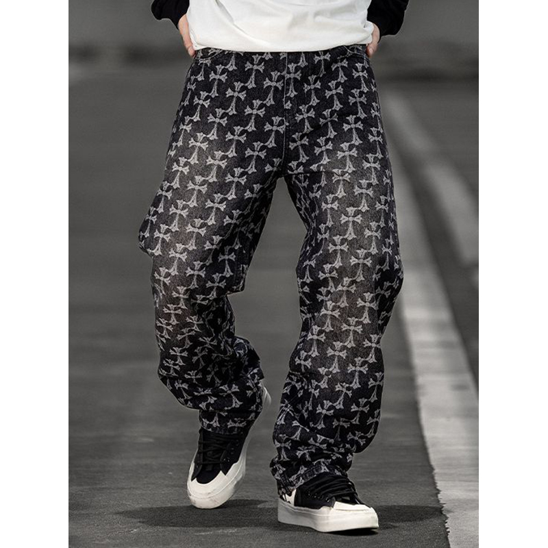 复古十字架提花阔腿直筒牛仔裤潮