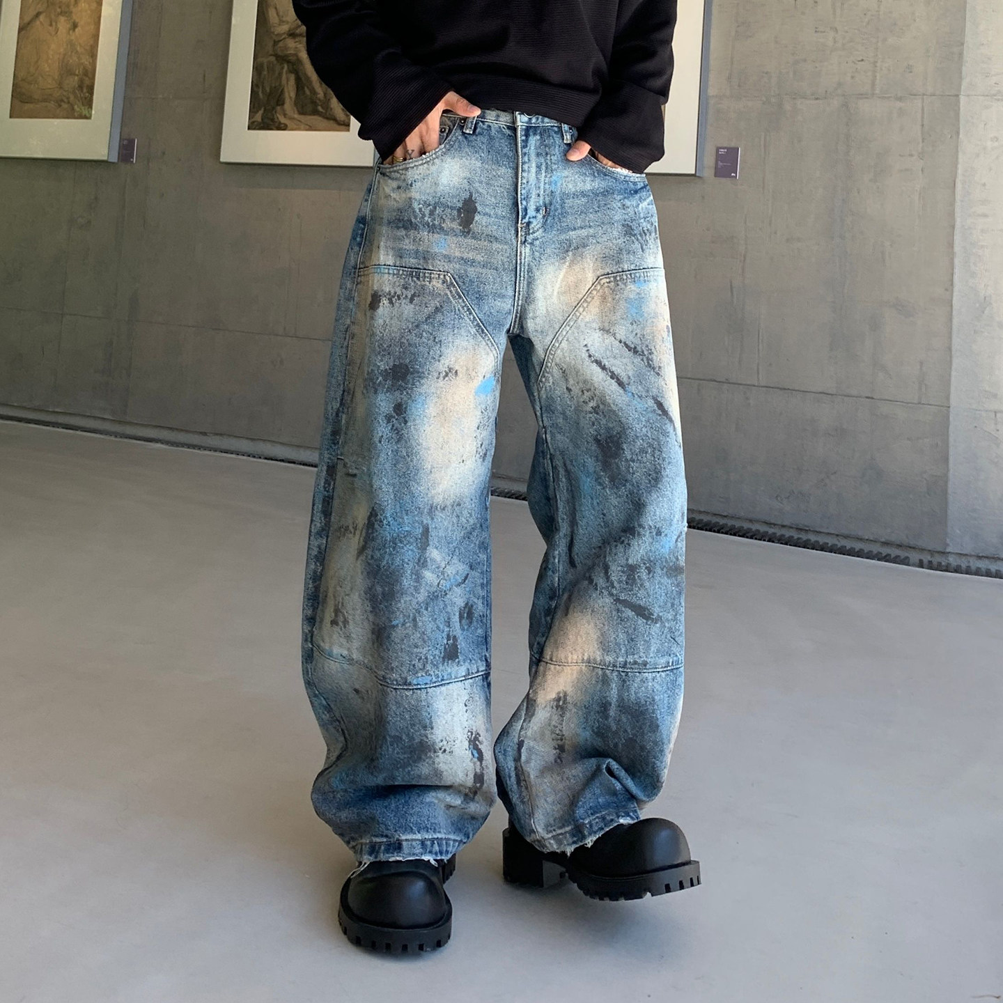 巴黎风格美式复古宽松脏脏弯刀牛仔裤男女小众设计感直筒阔腿裤子