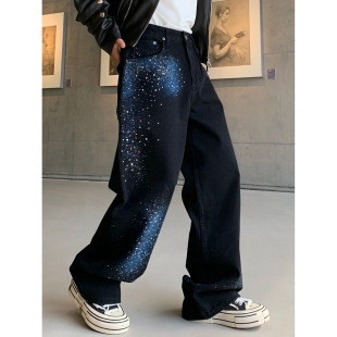街头潮牌宽松直筒ins阔腿裤 男女秋冬美式 星空烫钻牛仔裤 巴黎风格