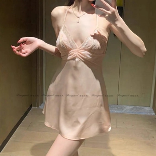 私房内衣蕾丝花边蝴蝶结露背黑纱包臀性感夏季冰丝吊带薄qq睡裙女