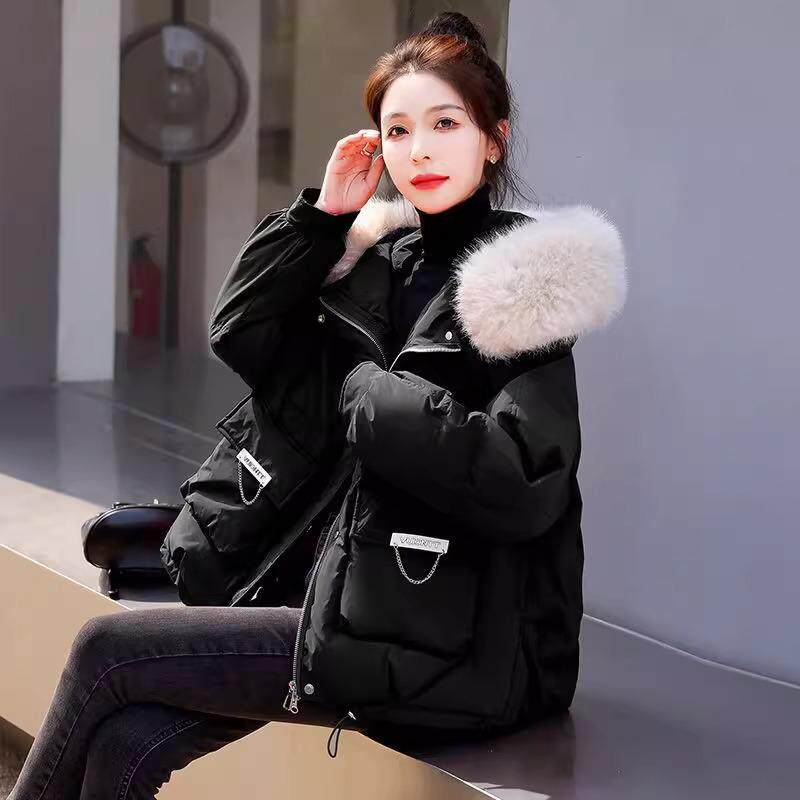 潮流派克羽绒棉服女黑色短款冬季
