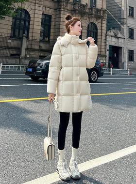 90白鹅绒白色羽绒服女中长款2025冬季新款连帽加厚御寒面包服外套
