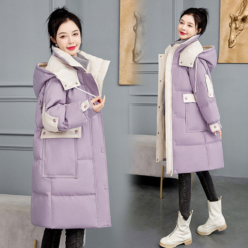 羽绒服加厚保暖中长款连帽拼色女