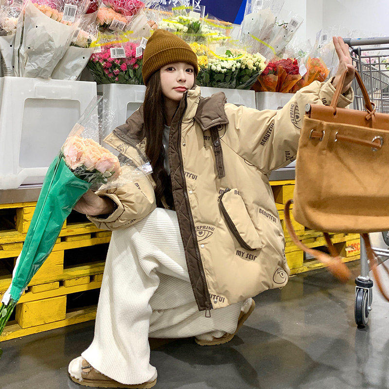 欧货撞色拼接连帽加厚羽绒棉服女