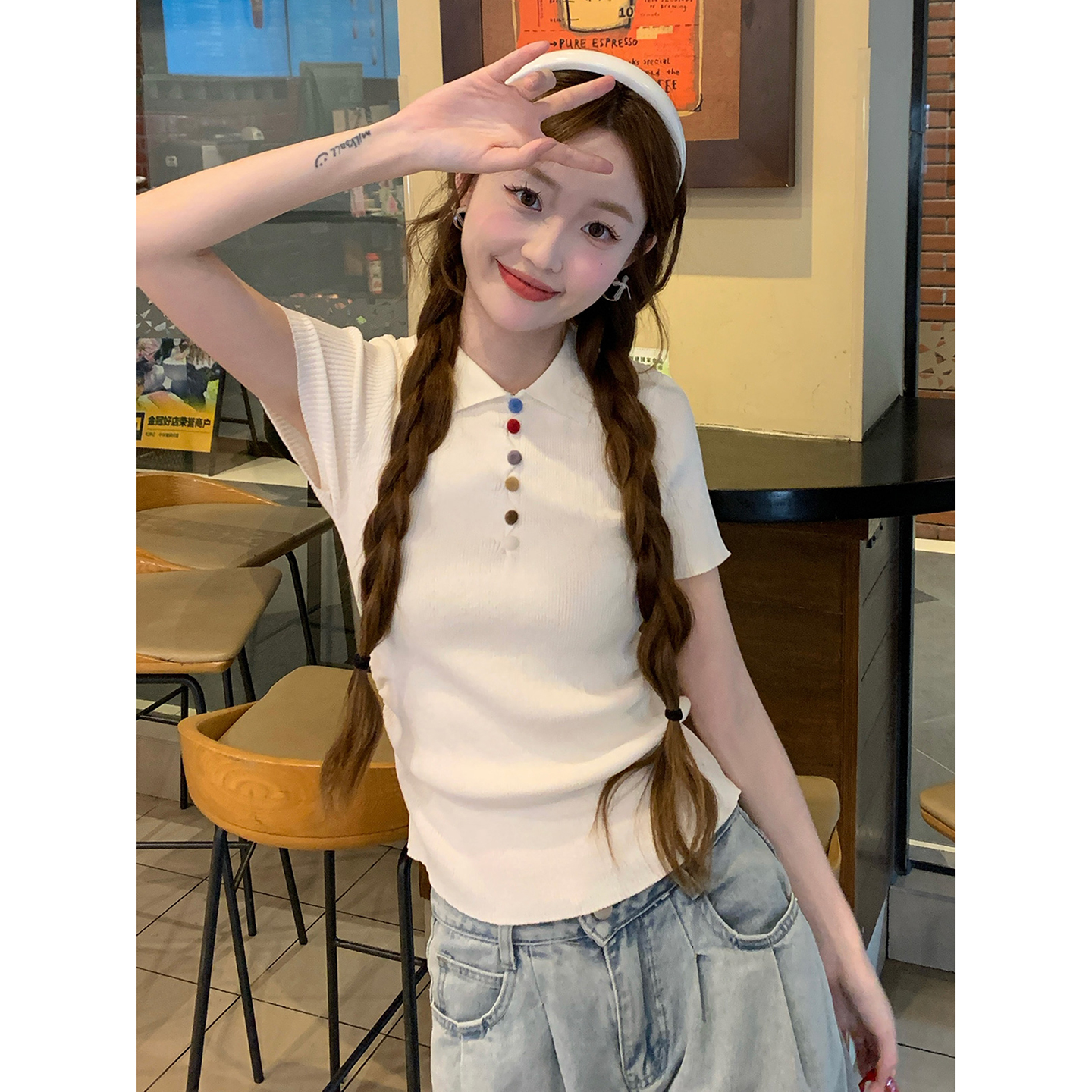 甜美polo领短袖t恤女夏季2025新款小个子修身收腰绝美针织衫上衣