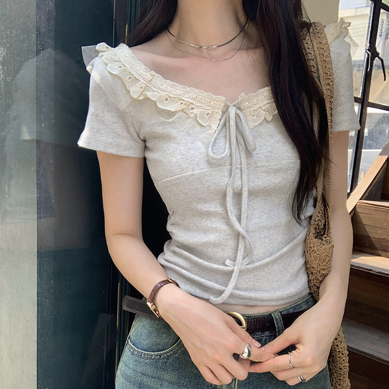 韩系夏季穿搭短袖T恤女夏日2025新款修身独特短款漂亮绝美小上衣