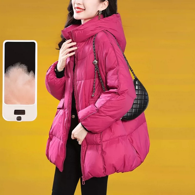 玫红色羽绒服女中长款面包服外套